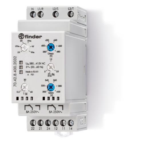 Finder PHASE LOSS-ROTATION-ASYMMETRY-OVER+UNDER VOLT RELAY 3P4W 380-415VAC, DPDT