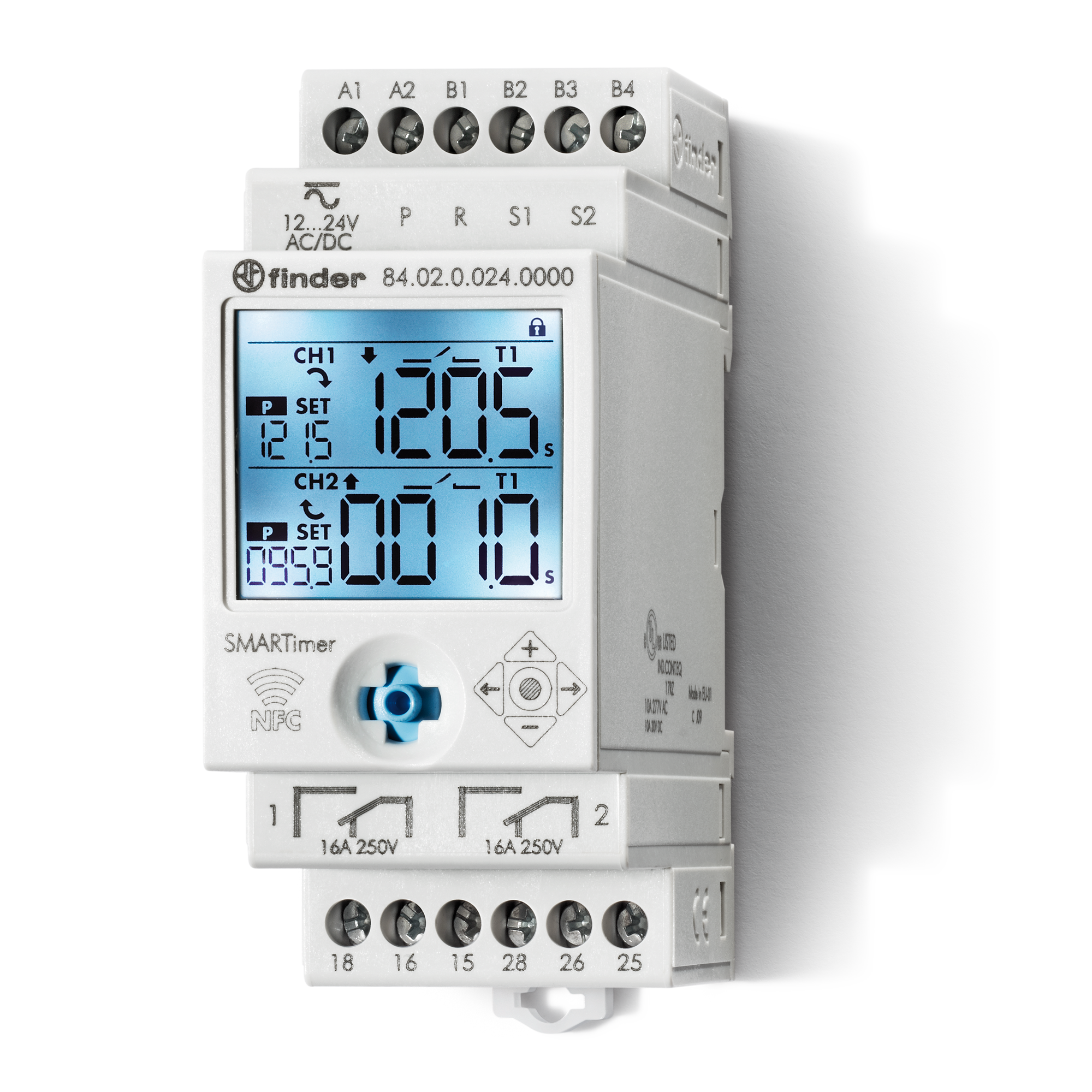 Finder Type 84.02 DIGITAL MULTIFUNCTION TIMER, NFC, 12-24VAC/DC. 2 INDEPENDENT CHANNELS