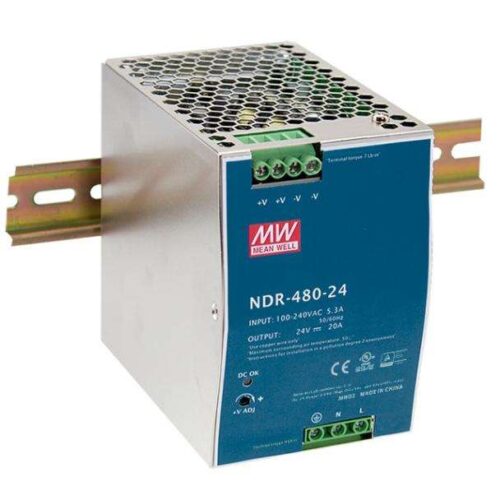 Mean Well NDR-480-24 DIN Rail Power Supply – 480W, Single Phase