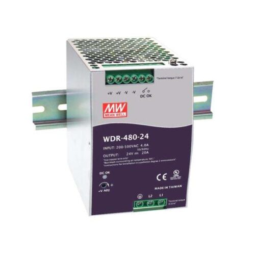 Mean Well WDR-480 DIN Rail Power Supply – 480W, 2/3 Phase, 180-550VAC Input